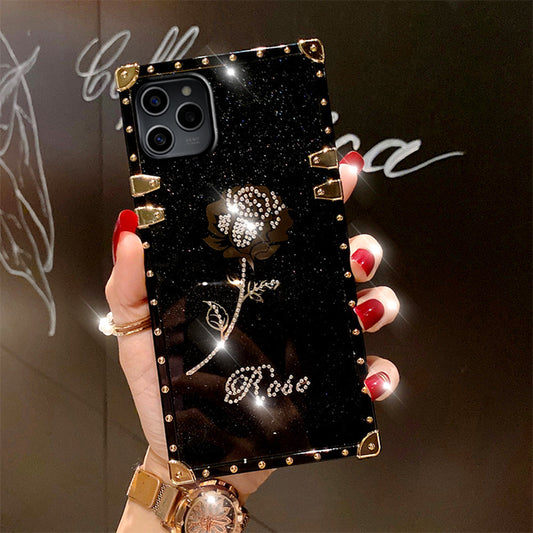 CASETIF Diamond-encrusted Rose, Fashionable and Luxurious Mobile Square Case Phone Case, for Iphone Samsung, Fashion Goddess Style-Black  Red Beige