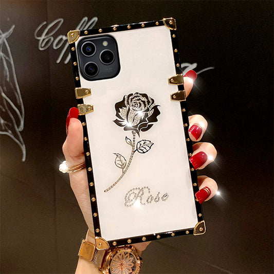 Diamond-encrusted Rose Square Case, Fashionable and Luxurious Mobile Phone Case, for Iphone Samsung, Fashion Goddess Style-Beige Purple