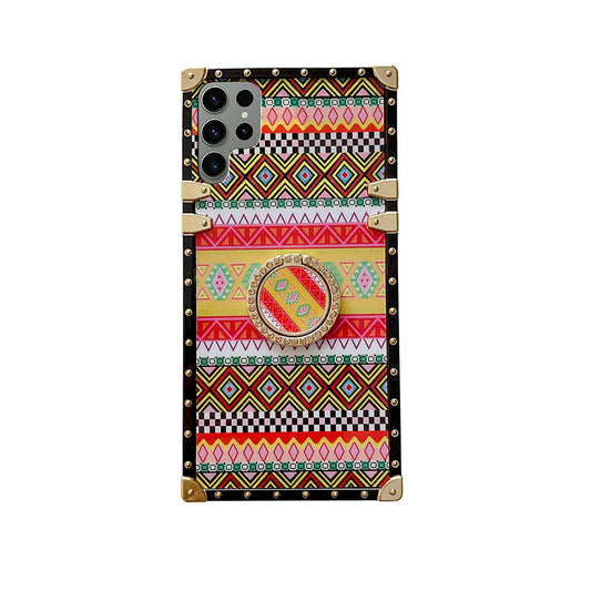 Retro Bohemian Plaid, Mobile Phone Square Case with Stand, Four-corner Protective Case, Compatible with iPhone and Samsung