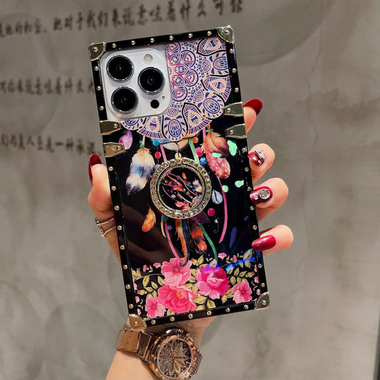 Wind Chimes Dream Catcher Datura Square Case with Diamond Stand Holder and Corner Cover for Most Apple iPhone Samsung