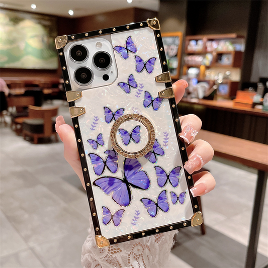 Shell Pattern Butterfly Square Case with Diamond Stand, Four Corner Protection, for all Apple Samsung,